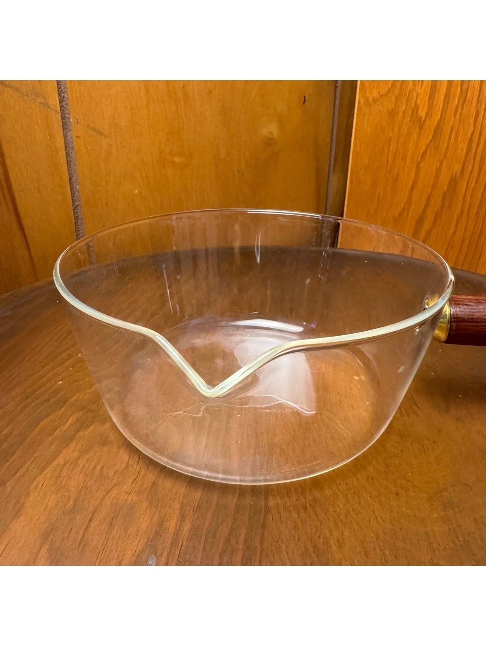 Clear Glass Saucepan With Wood Handle 6 Inch Pour Spout Vintage Style